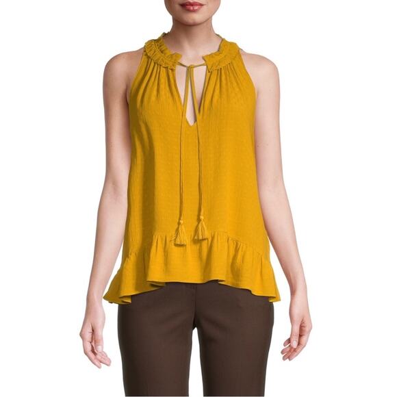 Ramy Brook Joni Sleeveless Ruffle-Hem Tassel Tie Mustard Top Size S NWT - Picture 1 of 10